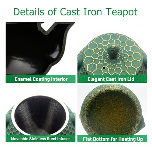 YJX Cast Iron Teapot and Cups Set, 33.8oz Hexagon Pattern Tea Pot Enameled Interior, Tea Kettle for Stovetop, Japanese Teapot Set with Teacups for Adults, Green Kettle with Infuser for Loose Leaf