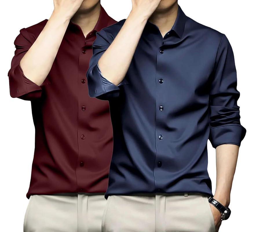 Image of DEELMO Combo of Men's Stylish Solid Satin Casual Shirt for Men Full Sleeves| Poly Satin Silk Shirt Pack of 2