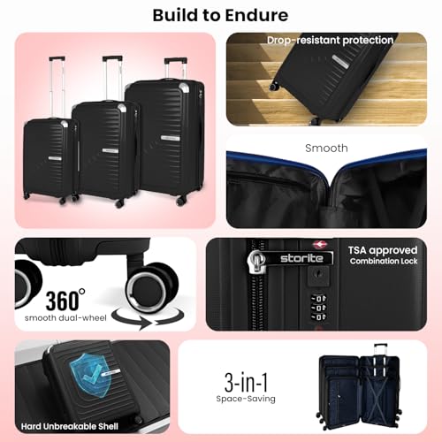 Image of Storite Luggage Set of 3 Trolley Bag Hard-Sided Polypropylene | 55cm, 63cm & 74cm | 8 Wheels Double Spinner Small, Medium & Large Travel Suitcase Bag for Men & Women - Black