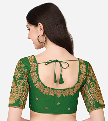 Image of Pujia Mills Women's Phantom Silk Embroidery Handwork & Sequin Work Peacock Design Half Sleeve Readymade Blouse (Mor Blouse Gold 38 Size+Margin)