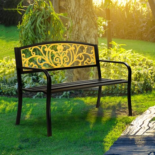 Image of VINGLI Outdoor Bench for Patio Metal Garden Bench w /PVC Back Pattern, Black Park Benches Front Porch Benches for Yard Lawn Decor Deck Entryway (Yellow&Black)