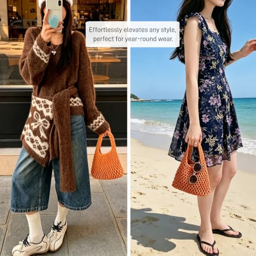 Image of Mini Clutch Handbag Fishing Net Bucket Bag Cotton Rope Crochet Drawstring Woven Beach Bag Small Tote for Women Girls