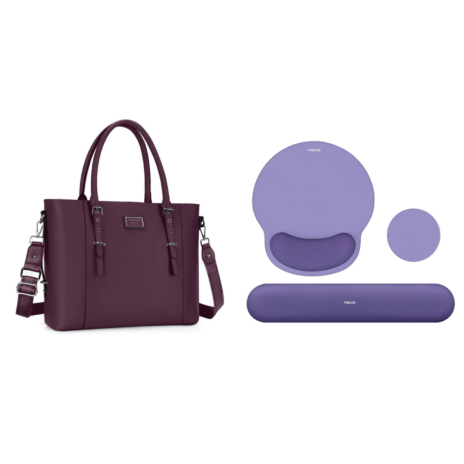 MOSISO PU Leather Laptop Tote Bag for Women (17-17.3 inch) Circle Curved Wrist Rest Support for Mouse Pad&Keyboard Set&, Plum&Imperial Purple