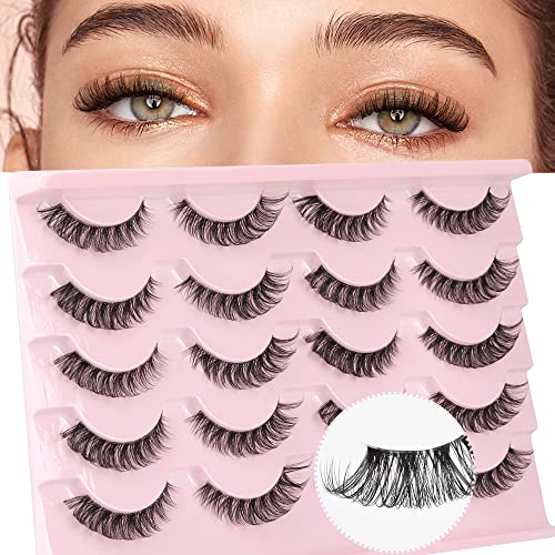 Clear Band Lashes 3D Curly False Eyelashes Natural Look Strip Lashes Russian Faux Mink Lashes Fluffy Short Cat Eye Lashes Wispy Fake Eyelashes Pack 10 Pairs by Zenotti