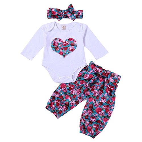 Preisvergleich Produktbild Longra Babykleidung Mädchen Liebe Print Langarmshirt Strampler Oberteile + Hosen mit Stirnband 3PC Floral Set Outfits Neugeborene Kleidung Baby Anzug Mädchen Baby Schlafanzug (White, 70CM 6Monate)