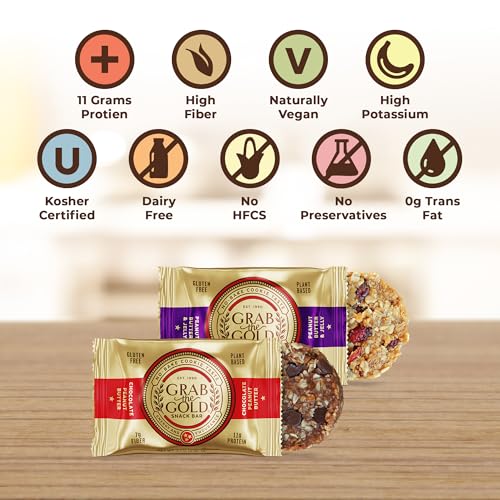 Image of Grab The Gold Protein Snack Bar Variety Pack | Plant-Based Protein, Gluten-Free, Vegan, Dairy-Free, Kosher | 14 Count Variety Pack 7 Chocolate Peanut Butter & 7 Peanut Butter & Jelly, Made in USA