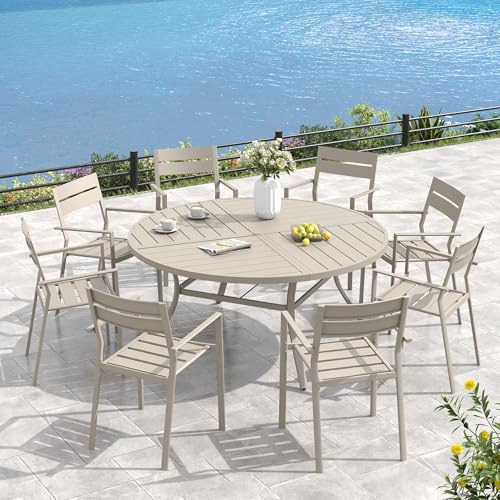 Image of VICLLAX 53 inch Round Outdoor Table, Patio Dining Table for 8 with Umbrella Hole for Garden Lawn Deck Backyard, Sandshell