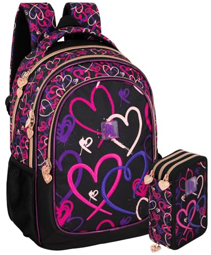 Pack Rentrée Scolaire Fille Motif Cœurs Lovely Vibes - Sac à Dos École Primaire (Adaptable Trolley) + Trousse Garnie 3 Compartiments 46 Pièces - Set...