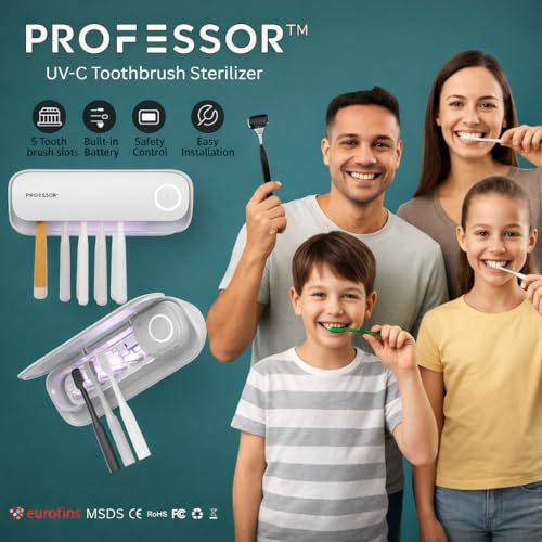 Image of PROFESSOR Certified by Eurofins Premium Smart UV-C Toothbrush sanitizer & sterilizer Holder, 4000mAh Battery, Wall-Mounted 5-Slot for Kids& Adult Toothbrush Holder, Kills 99.99% Bacteria, CE Approved