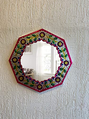 Geprägter Spiegel aus Zinn, mexikanische Wanddekoration, mexikanische Volkskunst, Wanddekoration, handgefertigt, 29,2 cm, achteckig, mittelgroß Cover