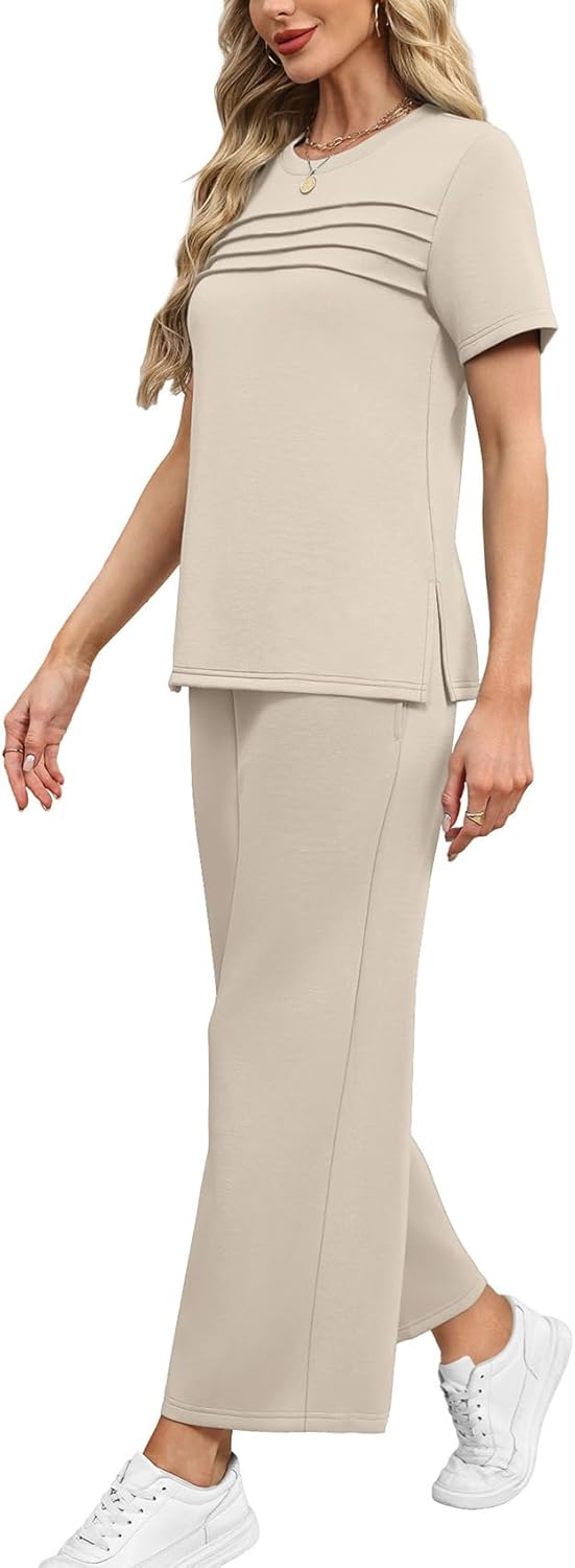 WIHOLL Two Piece Sets for Women Summer Spring Travel Vacation Outfits Short Sleeve Lounge Sets Side Slit Wide Leg Pants S-3XL - Image 4