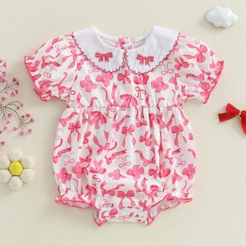 Newborn Baby Girl Summer Clothes Doll Collar Bow Print Sweet Jumpsuit Romper Short Sleeve Onesie Bodysuit Jumpsuit2