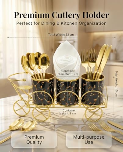 Image of Cutlery Holder for Dining Table with Tissue Holder | Metal Spoon Fork Knife Stand Organizer | 3 Compartment Tabletop Cutlery Stand (Black & Gold)