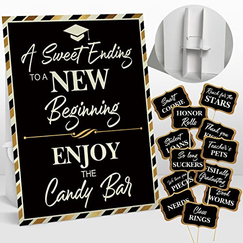 2026 Graduation Candy Buffet Signs Decorations Black Gold Grad Party Candy Bar Signs Set Graduation Party Dessert Food Decorations