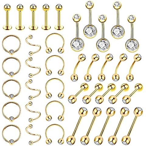IPINK-40Pcs Body Jewelry Piercing Lot Stainless Steel Nose Horseshoe Lip Tongue Eyebrow Tragus Body Piercing Navel Belly Ring Barbells 14G-16G, Metal, cubic-zirconia Cover