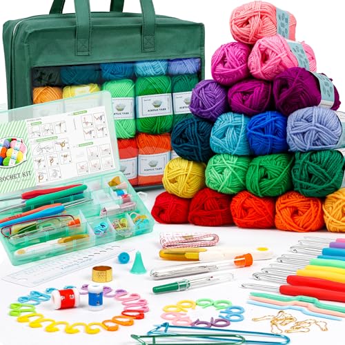 Image of INSCRAFT Crochet Yarn Kit for Beginners Adults and Kids, Includes 1650 Yards 30 Colors Acrylic Skeins, User Manual, Hooks, Dark Grass Bag etc, Make Amigurumi & Projects, Starter Set for Professionals