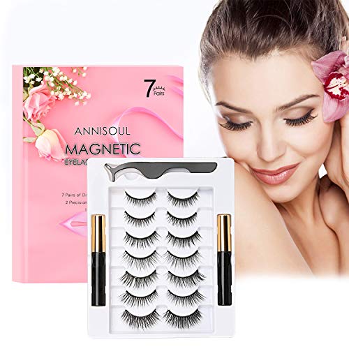 ANNISOUL Magnetic Eyelashes with Eyeliner Kit,7 Pairs 3D 4D Reusable Magnetic Eyelashes with Applicator,Natural Look,Easy to Apply