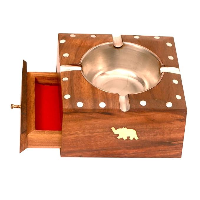 CLASSIC EXPORT Wooden Cigarette Ashtray, Sheesham Wood, Drawer, 4 Cigarette Holder Slots, 4.5 cm, Brown Wooden Wood Ash Tray with Drawer Smoke Ash Holder Tabletop Ash Catcher and Indoors-image-48