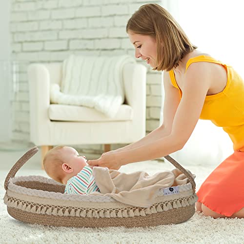 Maidek Baby Changing Basket - Handmade Woven Cotton Rope Moses Basket - Changing Table Topper With Mattress Pad, Removable Cover, Soft Blanket, Furniture - 29X16X4.7 Brown/White #TOP5