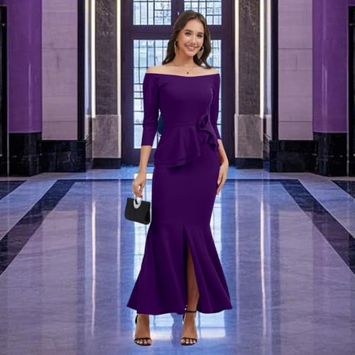 Image of Women's Elegant Formal Mermaid Maxi Dress Off Shoulder Long Sleeve Wedding Split Evening Gown Prom Cocktail Party Dresses