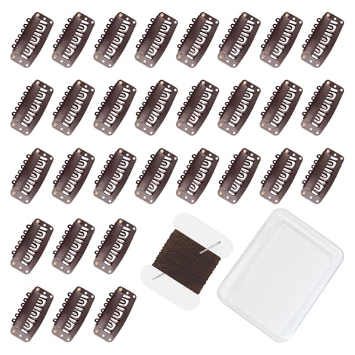 uadbau 30 Pcs 32mm 6-Teeth U-Shape Wig Clips for Hair Extensions with DIY Needle and Thread Kit Snap Clips for Hair Extensions (Dark Brown)