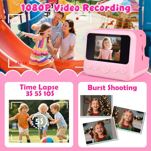 Image of Kids Instant Print Camera with Carrying Bag, 1080P HD Girl Camera with 4 Print Paper Rolls, Color Pens & 32GB Card, Christmas Birthday Gifts Kids Girl Toys for 3-12 Years Old (Pink)