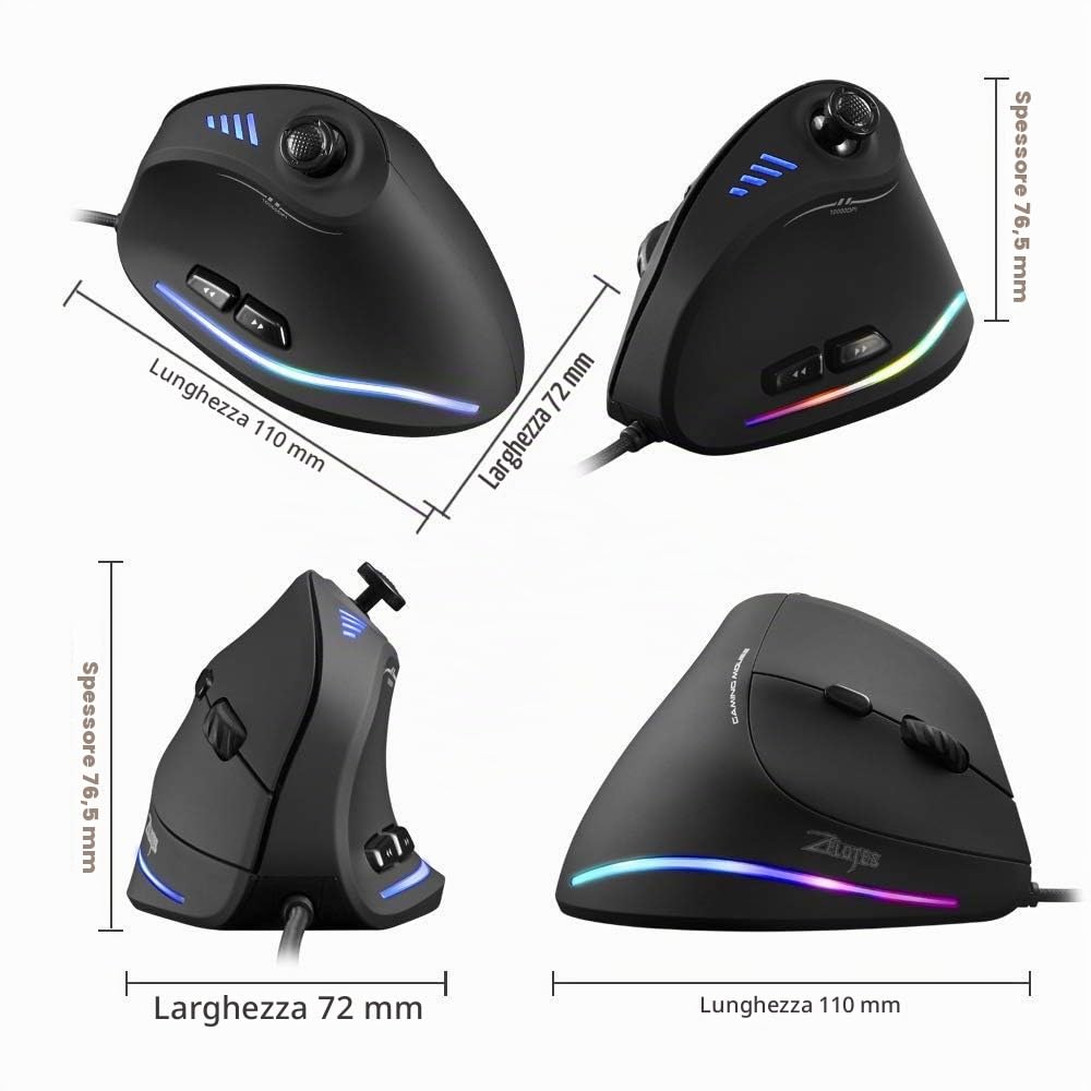 Zeerkeer Mouse Verticale 10000 DPI con Joystick Ergonomico,11 Tasti Programmabili Pollice,Mano,Polso,Bracciolo Prevenzione LED Ottico per Gamer/Laptop/Computer