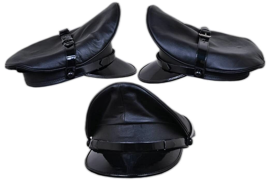 kn Genuine Real Leather Black Army Muir Biker Peaked Police Gay BLUF Cap Hat (Small)