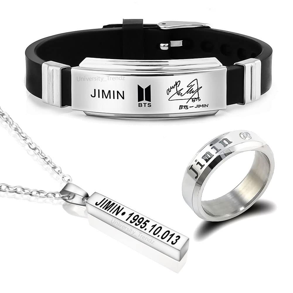 Unisex BTS Fan Combo - Jimin Bangtan Kpop Bar Pendant Necklace, Name Signature Silicon Bracelet & DOB Engraved Stainless Steel Ring (Pack of 3)
