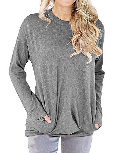Dutebare Women Long Sleeve Sweatshirts Loose Tunic Shirts Pocket Pullover Tops Grey M