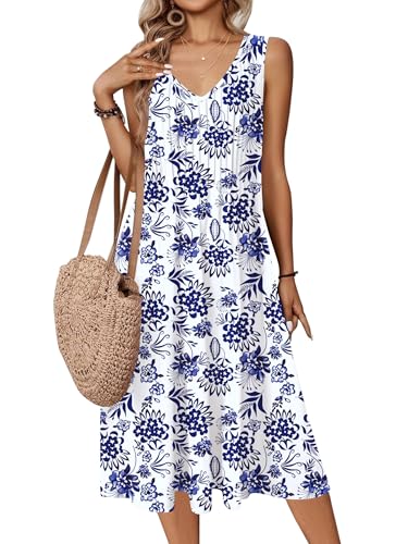 Image of Zeagoo Women Summer Casual Dresses 2026 Sleeveless Midi Pleated Tank Sundress with Pockets V Neck A Line Swing Tshirt Dress