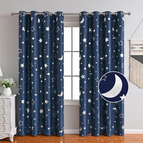 Freyamy Vorhang Blickdicht Dunkelblau Mond Sternenvorhänge 2 Stück 130x100cm (HxB) Niedliche Vorhänge mit Ösen Lichtundurchlässig thermovorhang kälteschutz Gardinen Lärmschutz für Kindervorhänge