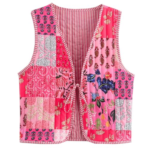 Yimoon Women's Cropped Quilted Vest Floral Printed Puffer Vest Lightweight Sleeveless Tie Front Padded Gilet Outwear