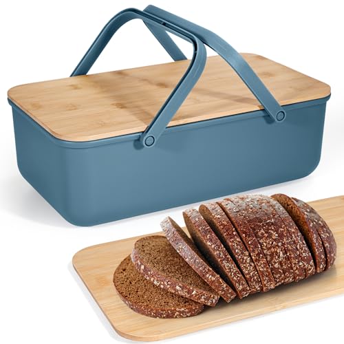 Cheerhom Panera Extra Grande Con Tapa De Bambú Y Tabla De Cortar, 38x21x13cm, Capacidad 8L, Con Asa, Fácil De Transportar (Azul Claro)