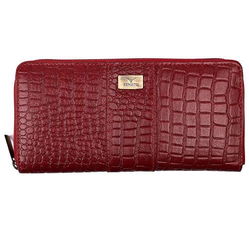 Pinato Handcrafted Genuine Leather Card Holder Wallet for Women - RFID Blocking Slim Envelope Clutch Purse with Multi Card Organizer, Secure Closure, Inner Zipper & Currency Compartment (Cherry Croco)