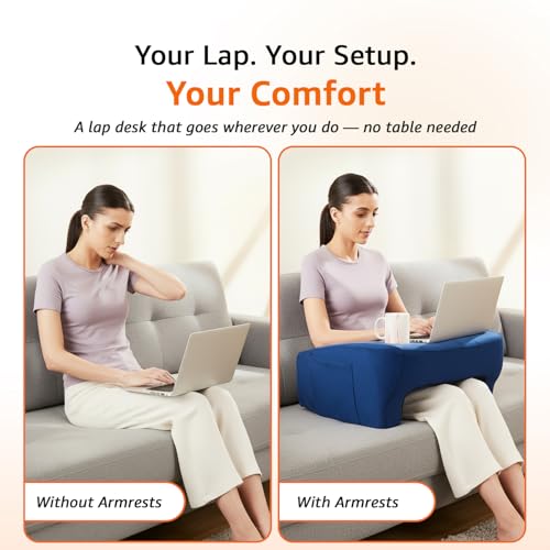 Image of amazon basics Gaming Lap Pillow | Lap Desk with Armrest Design | Side Pocket | Washable Velvet Cover | for Bed, Sofa & Floor | Blue