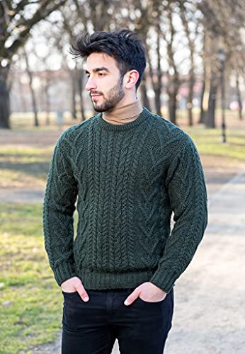 SAOL 100% Merino Wool Men's Irish Traditional Aran Crew Neck Cable Knit Sweater Pullover (US, Alpha, Small, Regular, Regular, Army Green)2