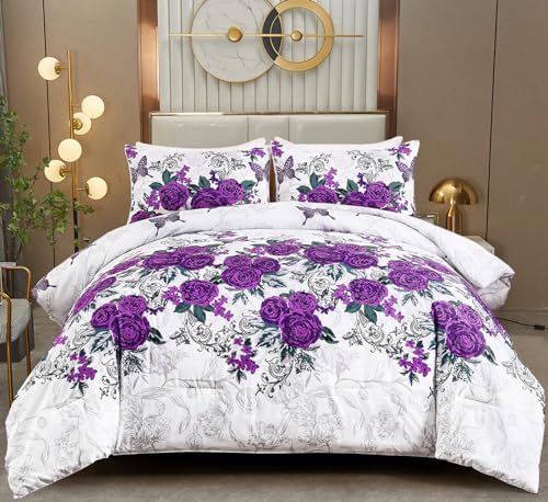 Amazon.com: Yiran 3 Pieces Purple Floral Comforter Set with 2 ...