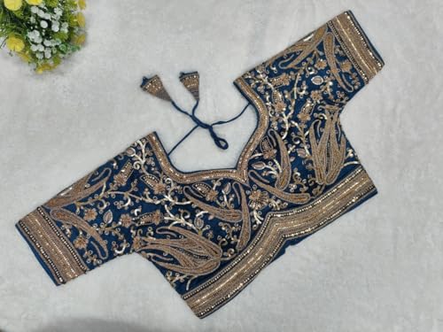 Image of Pujia Mills Women's Readymade Bridal Blouse Embroidery Copper Coding Glitter Sequence Thread Work Indian Ethnic Designer Stitched Half Sleeve Blouse Readymade for Women Saree Bridal Lehenga Choli