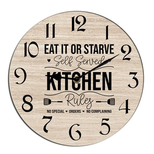 Horienteeon Kitchen Quote Saying Wall Clock Self Served Kitchen Rules Wooden Decorative Round 10" Clock For Living Room Easy To Read Bedroom Bathroom And Housewarming Seasonal