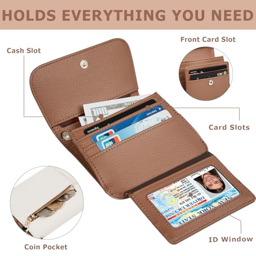 Image of Women Small Wallet RFID Blocking Slim Wallet with Coin Pocket Tri-Fold Credit Card Holder with ID Window and Keychain(Beige&Brown)
