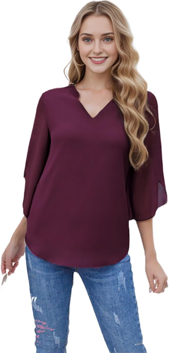 CASURESS Women's Tops Dressy Casual V Neck 3 4 Bell Sleeve Blouses Double Layered Chiffon Work Tunic Shirts - Image 6