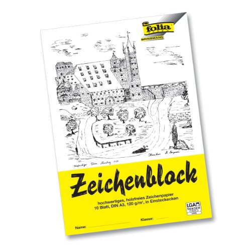 folia 8103 - Zeichenblock mit Leinenecken 120 g/m², DIN A3, 10 Bogen, weiß, hochwertiges, holzfreies Zeichenpapier