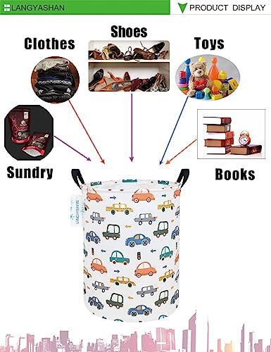 Image of Laundry Basket Canvas Fabric Collapsible Organizer Basket for Storage Bin Toy Bins Gift Baskets Bedroom Clothes Children Nursery Hamper (Round Color Cars)