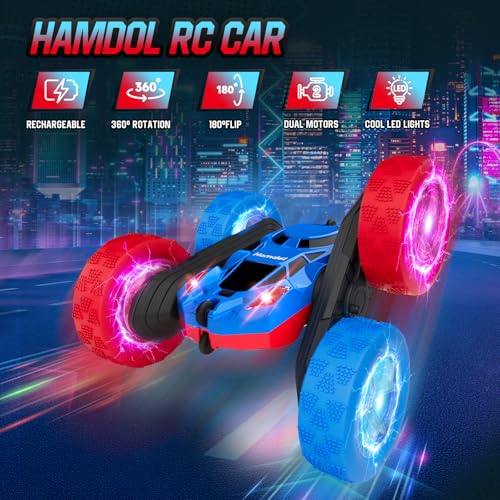 Image of Hamdol Remote Control RC Car for Kids 6-12, High-Speed 4WD Stunt Car with LED Lights & 360 Rotation, 2.4GHz Off-Road Vehicle Toy with Rechargeable Battery, Cool Valentines and Birthday Gift for Boys