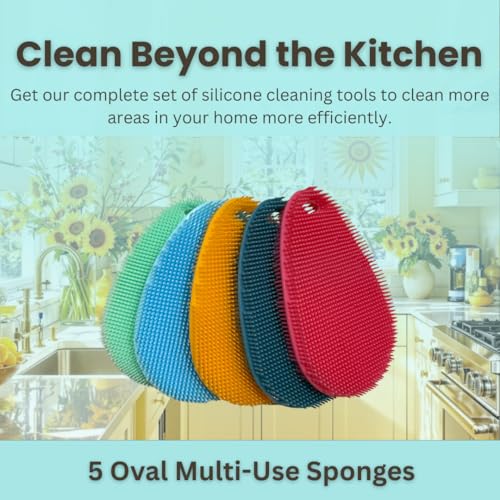 Image of Silicone Sponge Dish Scrubber - Food Grade and Housecleaning - BPA Free Silicone Kitchen Scrubber [5 Pack Ovals Summer]