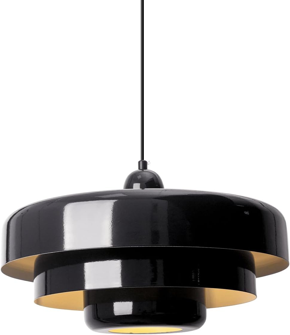 Black Mid Century Pendant Light, 59" Adjustable Hanging Cord with 3-Layer Metal Shade, Modern Chandelier for Dining Room, Kitchen Island, and Bedroom
