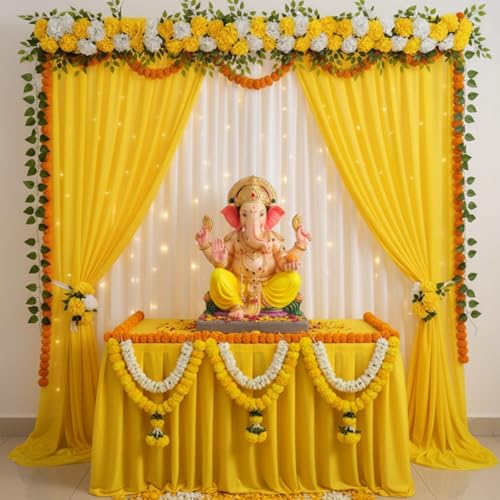 Image of Party Propz Ganpati Decoration Setup For Home - 11pc Yellow Backdrop Cloth For Decorations Pooja with 9m Light, Leaves, Varalakshmi and Janmashtami Backdrop, Haldi Decoration(Satin Mix)(Yellow, White)