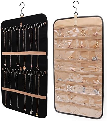 Hanging Jewelry Organizer,Necklace Organizer Storage Roll with Hanger Metal Hooks,Double Side Large Jewelry Holder Necklace Hanger with Pockets for Earrings,Bracelets,Watches on Closet Wall Door