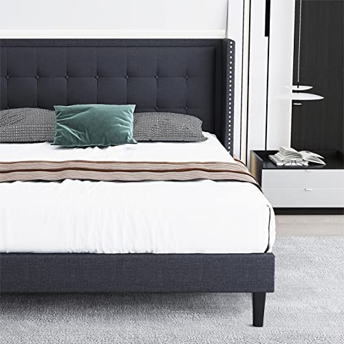 Full Size Bed Frame, Upholstered Platform Bed Frame With Button Tufted Wingback Headboard, Solid Wooden Slats, No Box Spring Needed, Easy Assembly, Dark Gray #TOP24